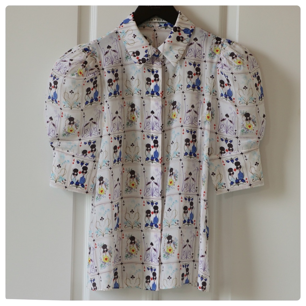 ALICE + OLIVIA Willa Printed Silk Puff Sleeve Top - Picture 8 of 13